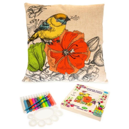 Чехол на подушку с красками ВК Птички с цветами 45*45 (ткань,краски акрил,синтетическая кисть с пластиковой ручкой в картонной упаковке) арт.В-696  уп.1шт