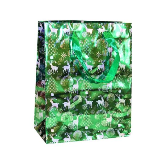 Пакет подарочный г/ф 18*23см зеленый Олени уп12/1200шт Р725-3